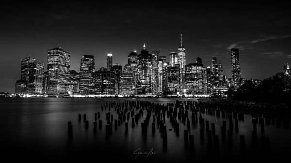 noche,ciudad,rascacielos,monocromo,urbano,horizonte