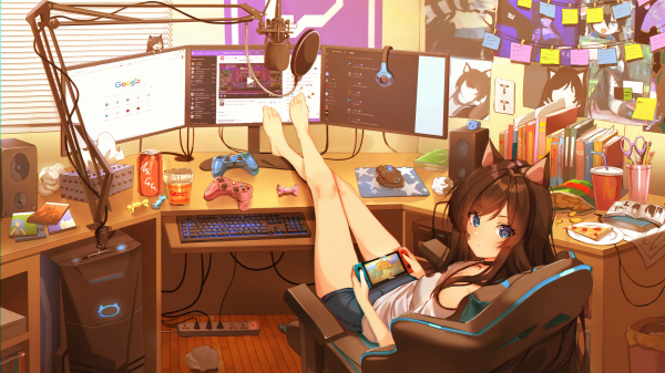 anime girls, Gamer, cat ears, blue eyes, black hair, dark hair