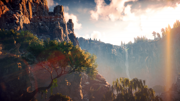 Horizon Zero Dawn,paisaje,captura de pantalla,CGI,mountain view,cascada