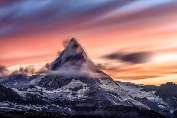 bjerge,sort,isbjerg,Matterhorn,Schweiz,solnedgang