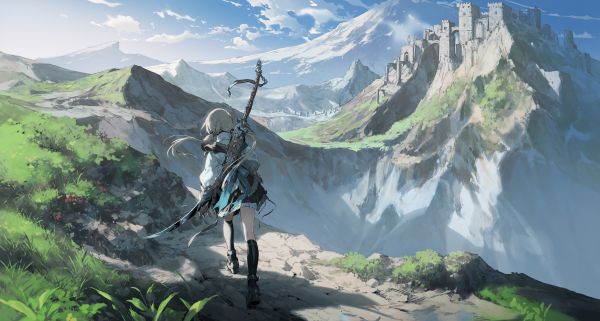 mountains,anime girls,rear view,white shirt,twintails,walking