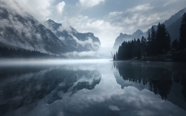 Dolomitas montañas,Italia,lago,paisaje,1230x768 px,Nubes