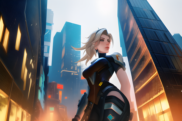 Mercy Overwatch,cyberpunk,blondă,black suit,oraș,zgârie-nori