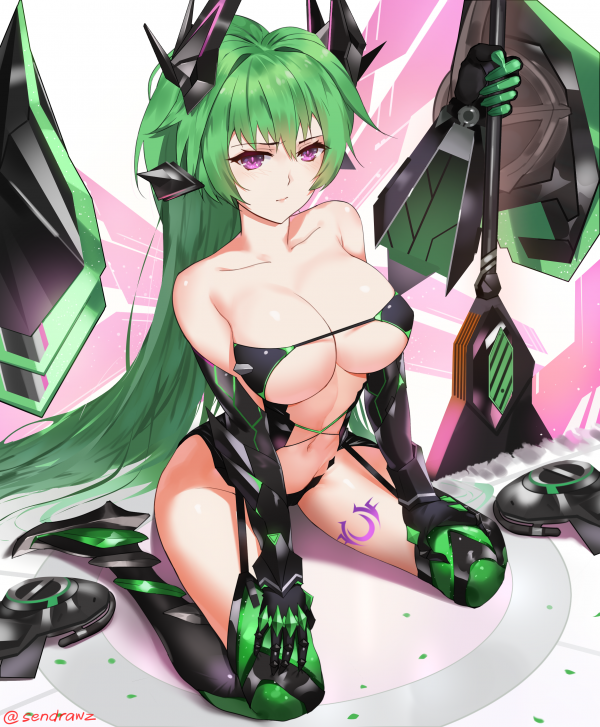 tattoo,thigh highs,bikini armor,horns,stockings,weapon