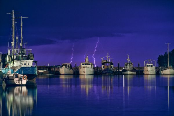 lumières, navire, bateau, mer, ville, foncé