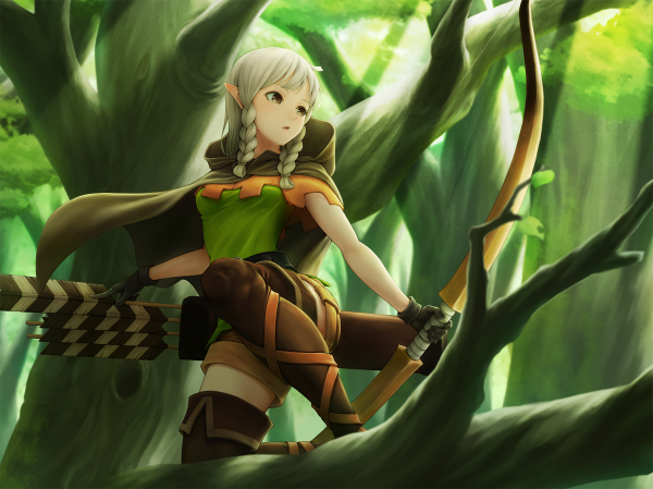 capelli lunghi,anime,anime girls,foresta,arco,arma