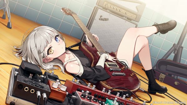 animeflickor,heterochromia,BanG Dream,gitarr,förstärkare,Kaname Raana