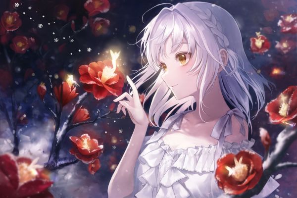 Anime,Anime Mädchen,Blumen,Zöpfe,gelbe Augen,weißes Haar