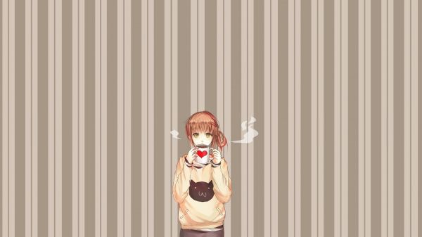 illustration, anime, anime girls, coffee, pattern, stripes