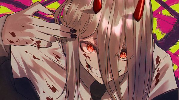 Chainsaw Man,Power Chainsaw Man,horns,blonde,blood covered body,smile