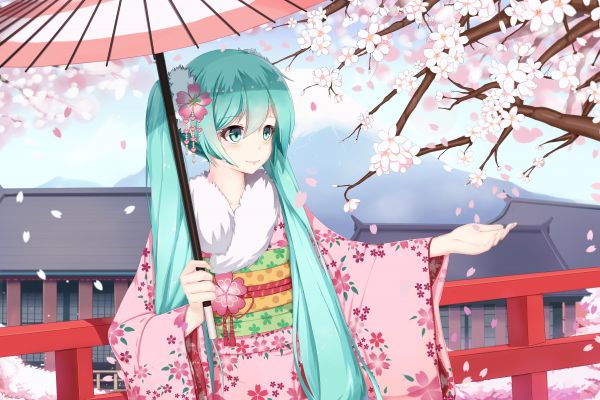 kuva,anime,vaaleanpunainen,kimono,Vocaloid,Hatsune Miku