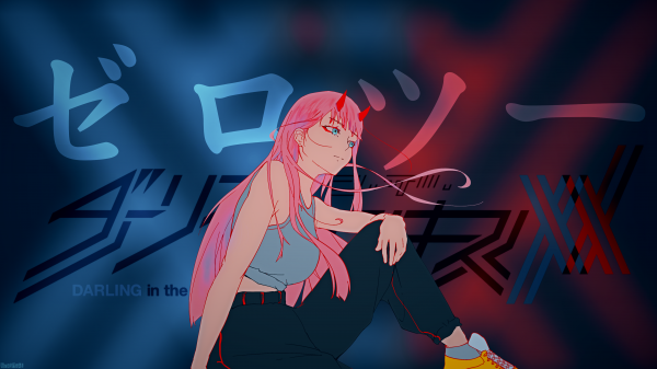 Darling in the FranXX,Zero Two Darling in the FranXX,Růžové vlasy,tmavé pozadí,blurry background,fan art