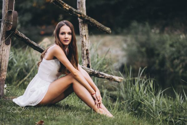 femmes, cheveux longs, yeux bleus, Femmes en plein air, brunette, robe