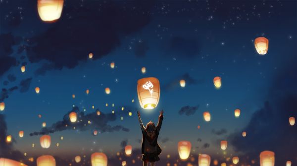 nuit,lumières,Anime,lanterne,des nuages