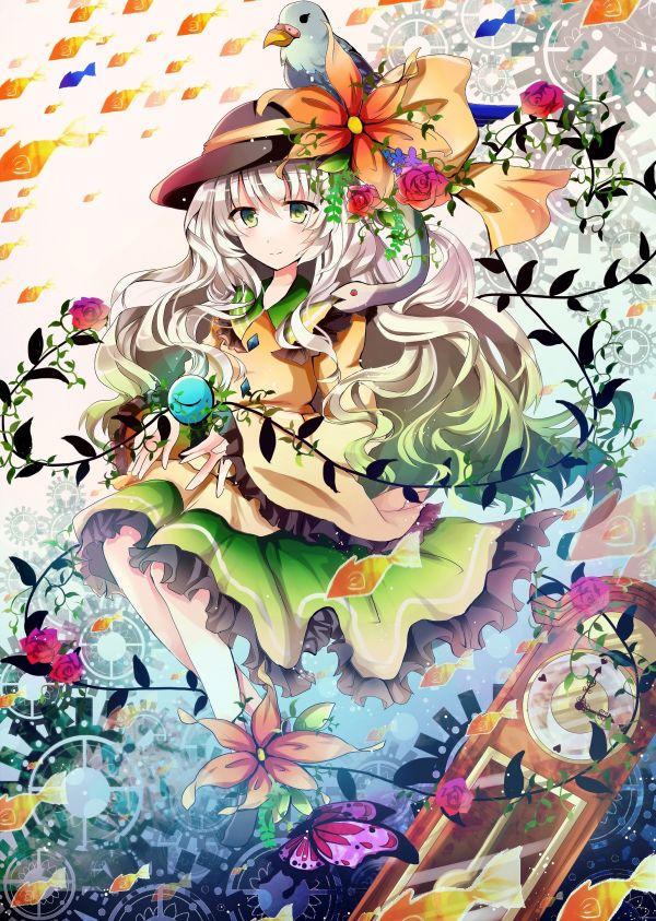 ilustracja, Anime, Dziewcząt anime, Touhou, siwe włosy, zielone oczy