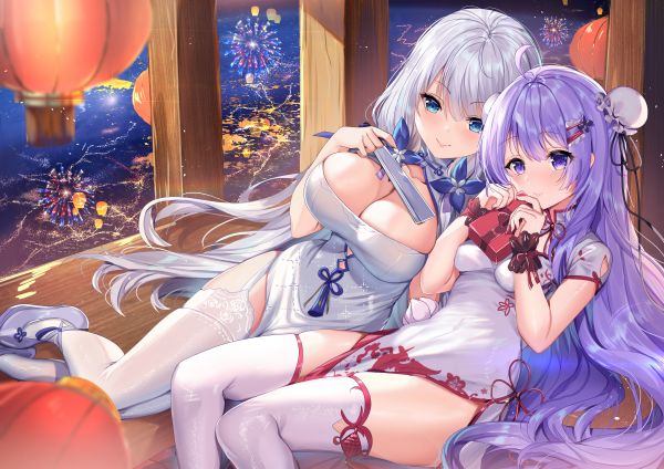 Azur Lane,Illustrious Azur Lane,Unicorn Azur Lane,cabelo branco,cabelo roxo,olhos azuis