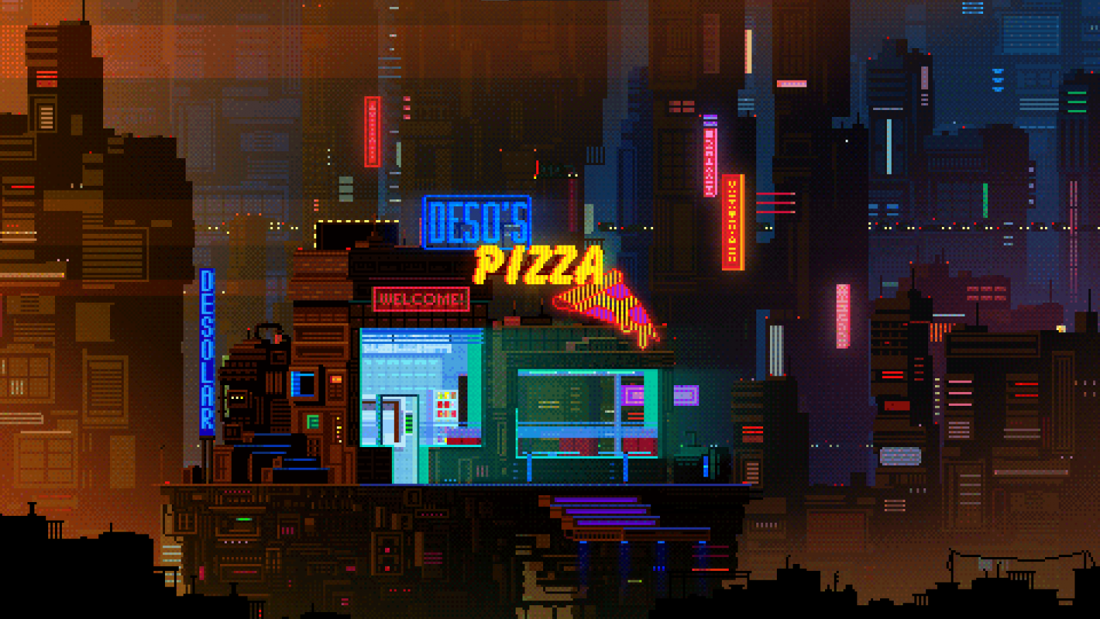 pixel art, pizza, Science fiction, digitale kunst, Neon bord, cyberpunk