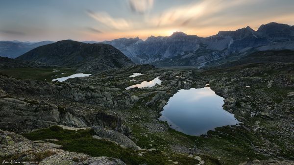 vand,landskab,solnedgang,bakke,sø,klippe