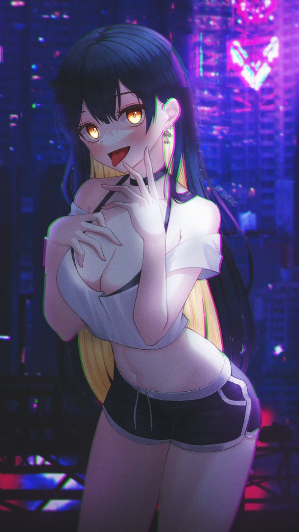 anime, animemeisjes, cyberpunk, Japan, big boobs, geel