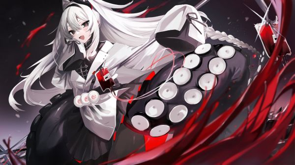 blood,anime girls,white hair,tentacles,red eyes,braids