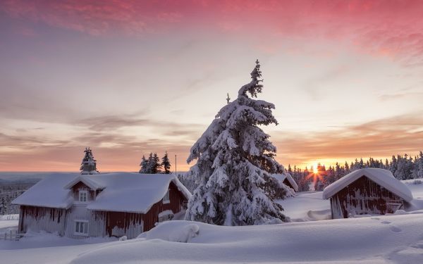 maisema,auringonlasku,lumi,talvi-,talo,ilta