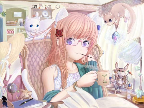 illustration,Anime,Filles anime,des lunettes,dessin animé,Caractères originaux