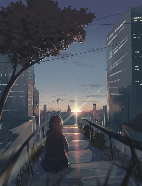 costruzione,anime,anime girls,tramonto,sunset glow,Sole