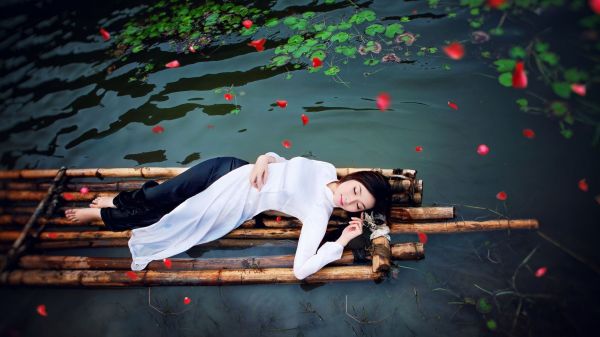 women outdoors,women,model,long hair,water,closed eyes