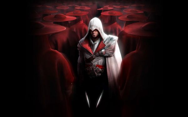 илюстрация,видео игри,Assassin и Крийд,Ezio Auditore Da Firenze,Assassin Creed Brotherhood е,червен