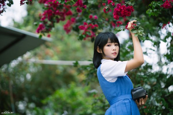 Asian,women,model,black hair,depth of field,school uniform