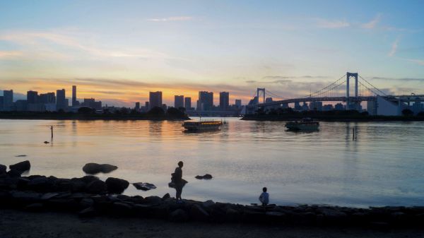 barco, puesta de sol, mar, ciudad, Japón, oscuro