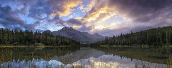 Canada,clouds,forest,Jasper National Park,lake,2048x816 px