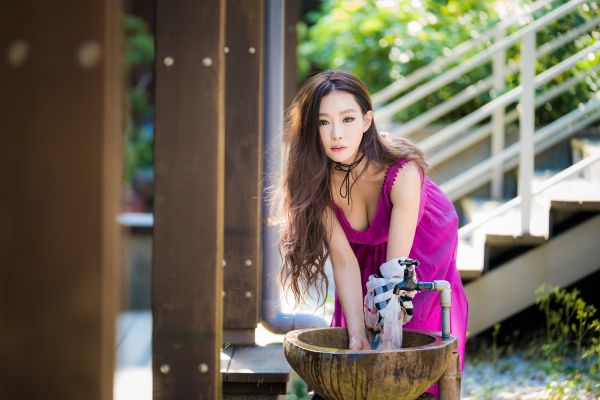 Asian,model,long hair,depth of field,brunette,stairs