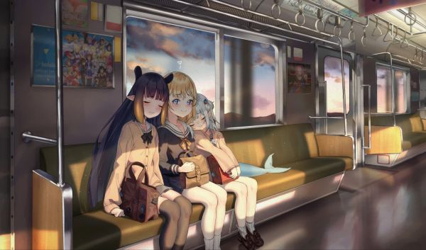 anime girls,sleeping,train,schoolgirl