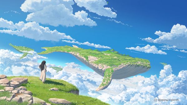 arte digitale,ArtStation,Jajang Sopandi,cielo sereno,balena,capelli neri