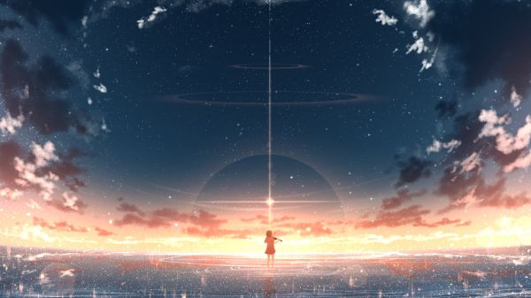 anime,matahari terbenam,starred sky