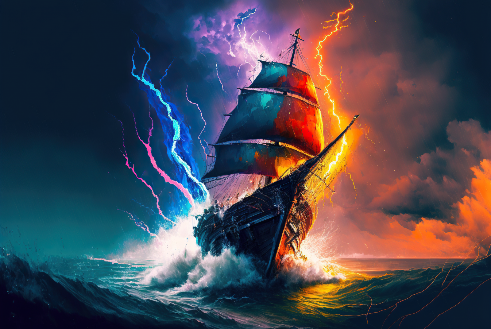 midjourney, ship, ocean battle, water, lightning