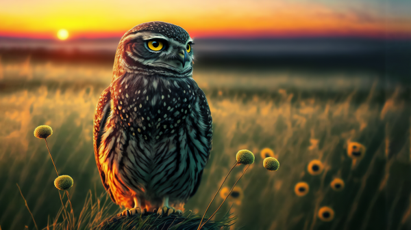 ai art,búho,ilustración,campo,puesta de sol