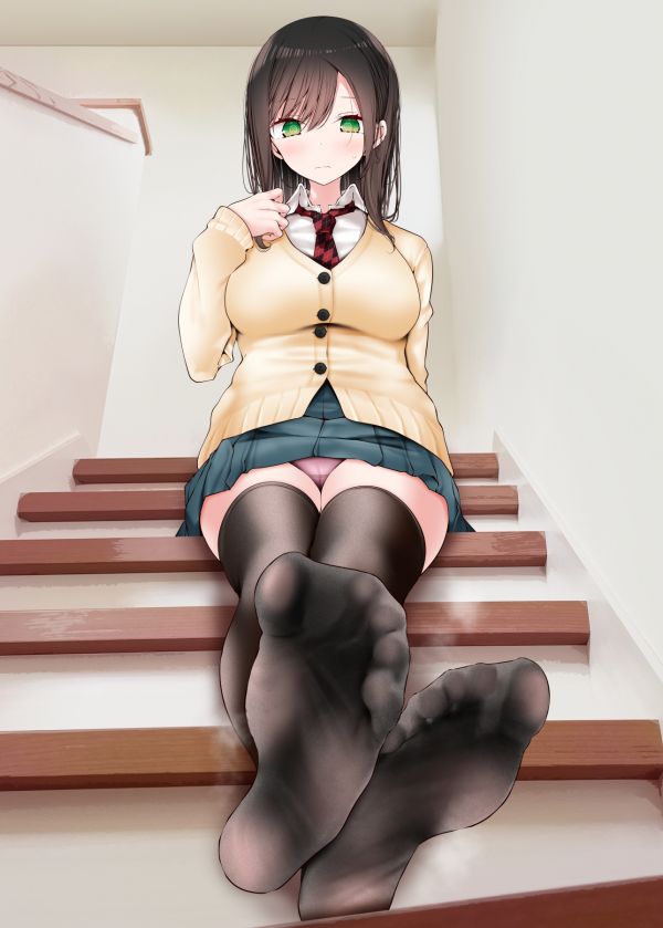 Аниме девушки,JK,sitting on stairs,foot sole,foot sweat,black thigh highs