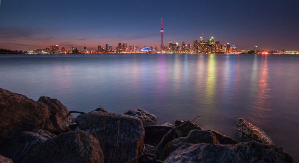 Canada,nacht,stad,Toronto,meer,rotsen