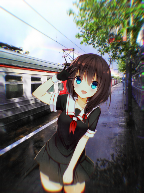 school uniform,train,railway,train station,animeirl,black dress