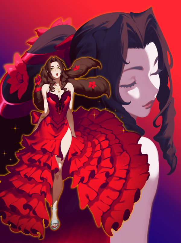 Aerith Gainsborough,robe rouge,ZELUS,dessin