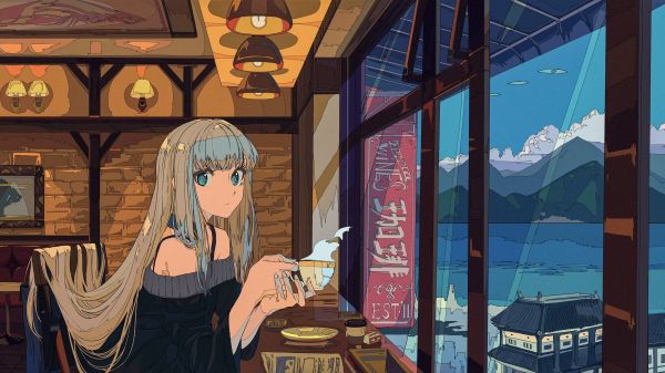 blonde,window,coffee,cigarettes,table