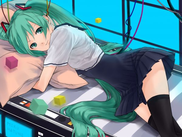 anime,animemeisjes,overhemd,Hatsune Miku,opleggen side,rok