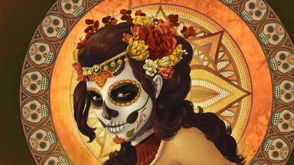 pictură, ilustrare, arta fantezie, fată fantezie, opera de arta, Dia de los Muertos