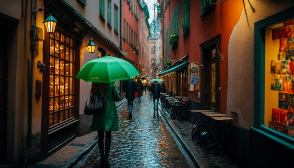 ai art,women,umbrella,city,Stockholm,cafe