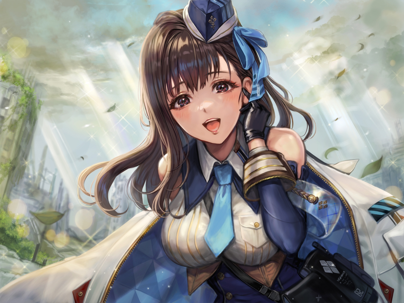 Anime, Anime cô gái, Nikke The Goddess of Victory, Marian NIKKE, tóc dài, tóc đen, Solo, Tác phẩm nghệ thuật, nghệ thuật số, fanart, cà vạt, Nón, găng tay, lá