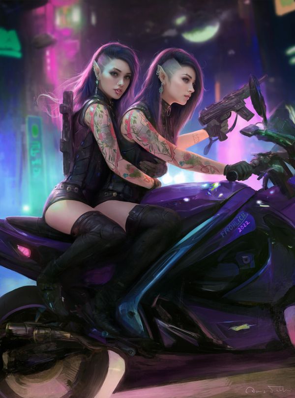 Dennis Frohlich,tegning,two women,cyberpunk,pointy ears,tatovering