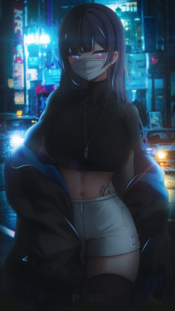 anime,anime girls,night,street,Japan,blue