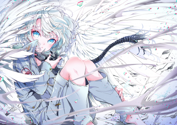 Yeux aqua,cheveux blancs,pieds nus,ailes,cheveux courts,Pixiv